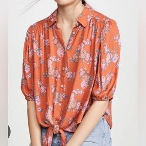 Free People Celia floral Print tie up blouse, short sleeve, button front. XS